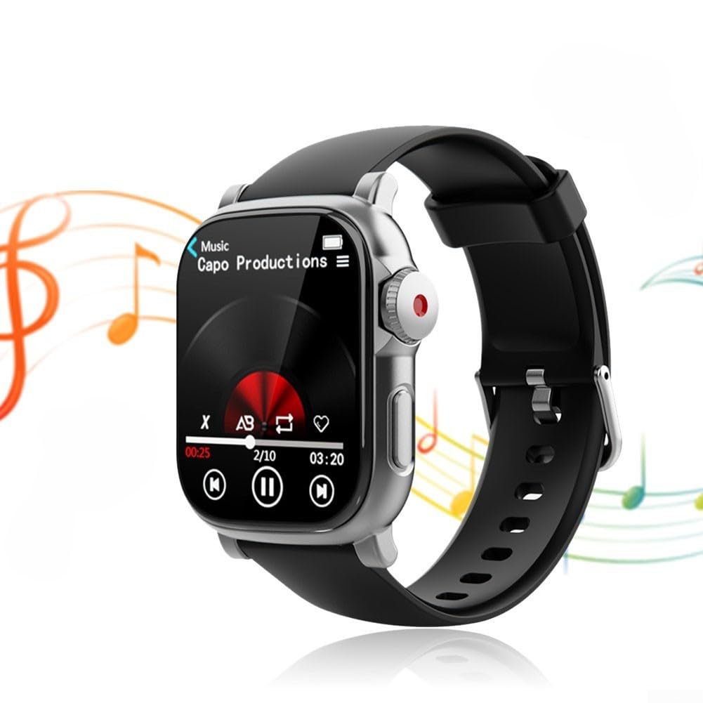 Reloj inteligente con reproductor de MP3 con pantalla táctil HD, reproducción de video, reloj deportivo de metal, altavoz inalámbrico para viajes (negro y gris, 64 GB)