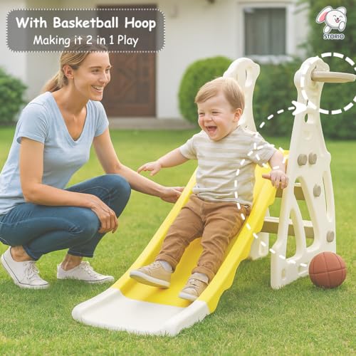 Image of Storio Kids Slide with Basketball Hoop Penguin Theme - Indoor & Outdoor Slide for Kids Ages 2-4 | White & Yellow | Safe, Sturdy & Fun Playset | Easy Assembly Toddler Slide for Boys & Girls