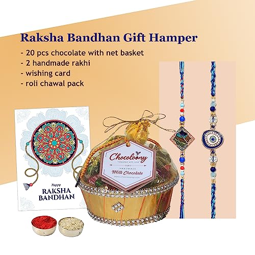 Image of Chocoloony 20 Pcs Milk Chocolates Gift And 2 Designer Rakhi Hamper With Beautiful Basket | Raksha Bandhan Chocolate For Brother |Chocolate Hamper 2 Rakhi For Brother 200 Grams