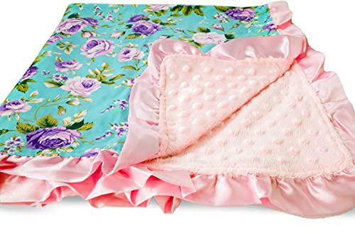 Top Tots Baby Blanket - Purple Flowers With Pink Minky Dot & Satin Ruffle, 31 X 31 Inch Aqua #TOP1