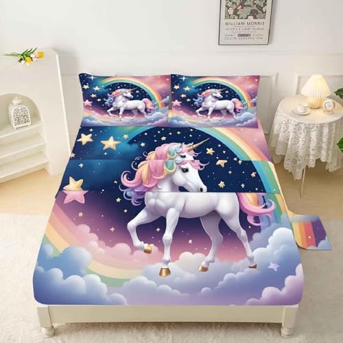 kxry Unicorn Galaxy Fitted Sheet Sets Full and Queen Size for Boys Kids Teens Cartoon Blue Sky Rainbow Star Cloud Bedding Set with 1 Fitted Sheet + 1 Flat Sheet + 2 Pillow Cases