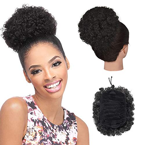 Afro Puff Drawstring Ponytail for Black Women, Sidaila Synthetic Short Afro Kinkys Curly Pony Tail Afro Bun Extension Hairpieces Updo Hair Extensions with Two Clips (Black)
