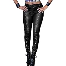 女式人造皮革打底裤哥特式朋克紧身 PU 皮裤中腰新奇镶钉紧身裤