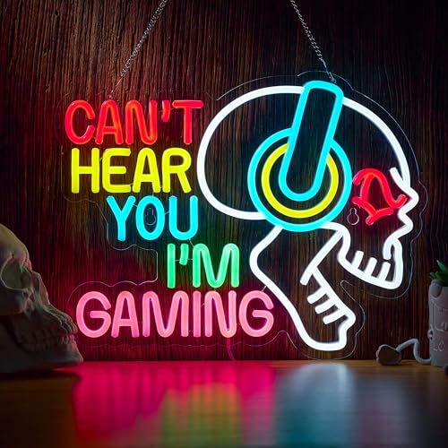 Gaming Neon Sign Can't Hear You I'm Gaming Skull Gamer LED Light Bright USB Powered Light up Game Signs with dimmer for Game Zone Video Room Boy Bedroom Wall Decor Compatible with Timer