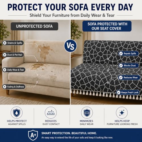 Image of Velvet Quilted Sofa Cover for 4 Seater (92 x 60 Inches) | Black | Anti-Slip Soft Washable Sofa Seat Cover | Furniture Protector with Tassels