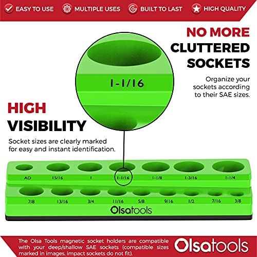 Image of Olsa Tools Magnetic Socket Organizer - 1 /2-Inch Drive SAE Socket Holder with Strong Magnets - Professional Tool Holder and Tool Organizer - Stores up to 16 Sockets - Green - Part: 1117