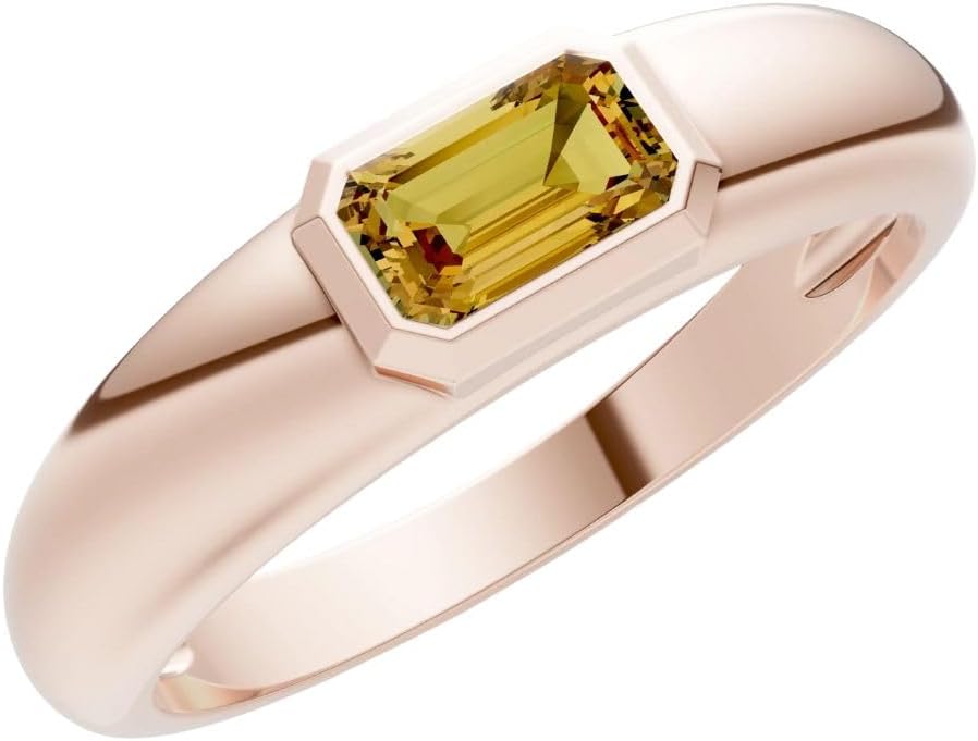 PEORA Emerald Cut Cut Citrine Dome Band Available in Solid 10K, 14K or 18K Ring – White, Yellow or Rose Gold