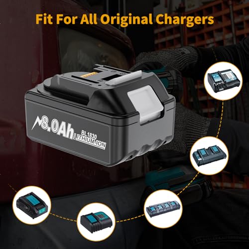 Image of 4-Pack 8.0Ah Cordless Tool Battery Packs for 18V Battery Replacement Compatible with 18V Tools BL1860B BL1850B BL1840B BL1830B BL1815B Batteries