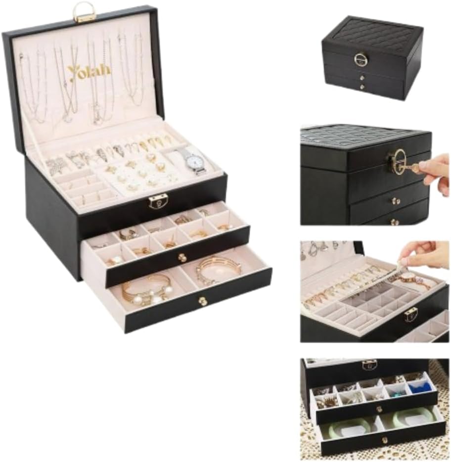 YOLAH Jewelry Box Organizer for Women, 3-Layer PU Leather Storage Case with Lock & Drawers, Compact Jewelry Organizer for Rings, Earrings, Necklaces & Accessories (Black)