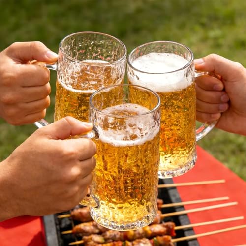 Image of PrimeWorld 480 ml Thailand Beer Mug Set of 2 | Heavy Glass Beer Steins with Handle | Sturdy Base, Freezer-Friendly Beer Glasses for Home Bar, BBQ & Parties
