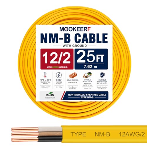 Image of 12 /2 Wire with Ground - 25FT 12 Gauge NM-B Non-Metallic Sheathed Cable 100% Pure Copper 12 AWG 2 Conductor Residential Indoor Wire for Outlets, Switches, Other Loads and Lighting Wiring Projects etc.