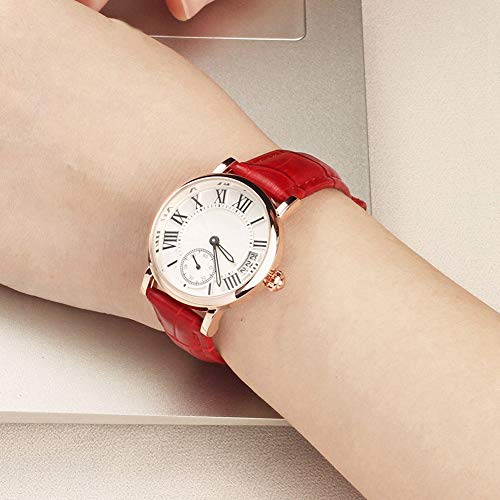 Akozon Runde Damen- Analog- Quarzuhr von mit Datumsfunktion, Weichem Lederarmband, 30 M und Hilfszifferblatt- Design, Braune Armbanduhr (Rot)