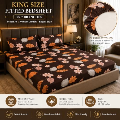 Image of King Size Fitted Bedsheet 75 inchx80 inch 2 Covers-Brown