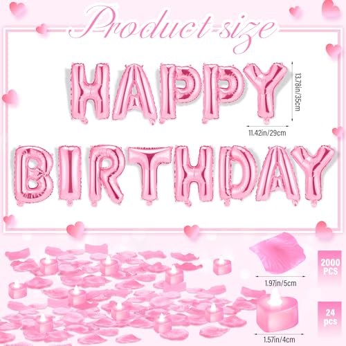 Image of Pink Happy Birthday Balloons Decorations Happy Birthday Letter Balloons Banner Set with 24pcs Heart Flameless LED Candles and 2000pcs Artificial Rose Petals for Women Men Room Party Decor