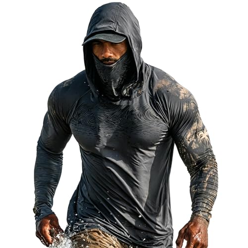 UPF 50+ Hoodie Herren Langarm Rashguard Atmungsaktive UV Shirt mit Kapuze Maske Langarmshirt Sommer Druck Kapuzenshirt Sonnenschutz Schnelltrocknend Funktionsshirt Männer 34 Dunkelgrau L