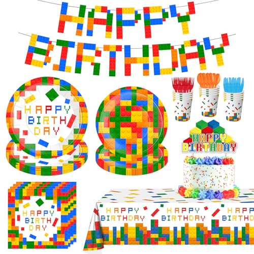 143 pieces building blocks party supplies, colorful building blocks party decorations including plates and napkins, forks, tablecloths, etc. for boys, girls building blocks birthday party decorations