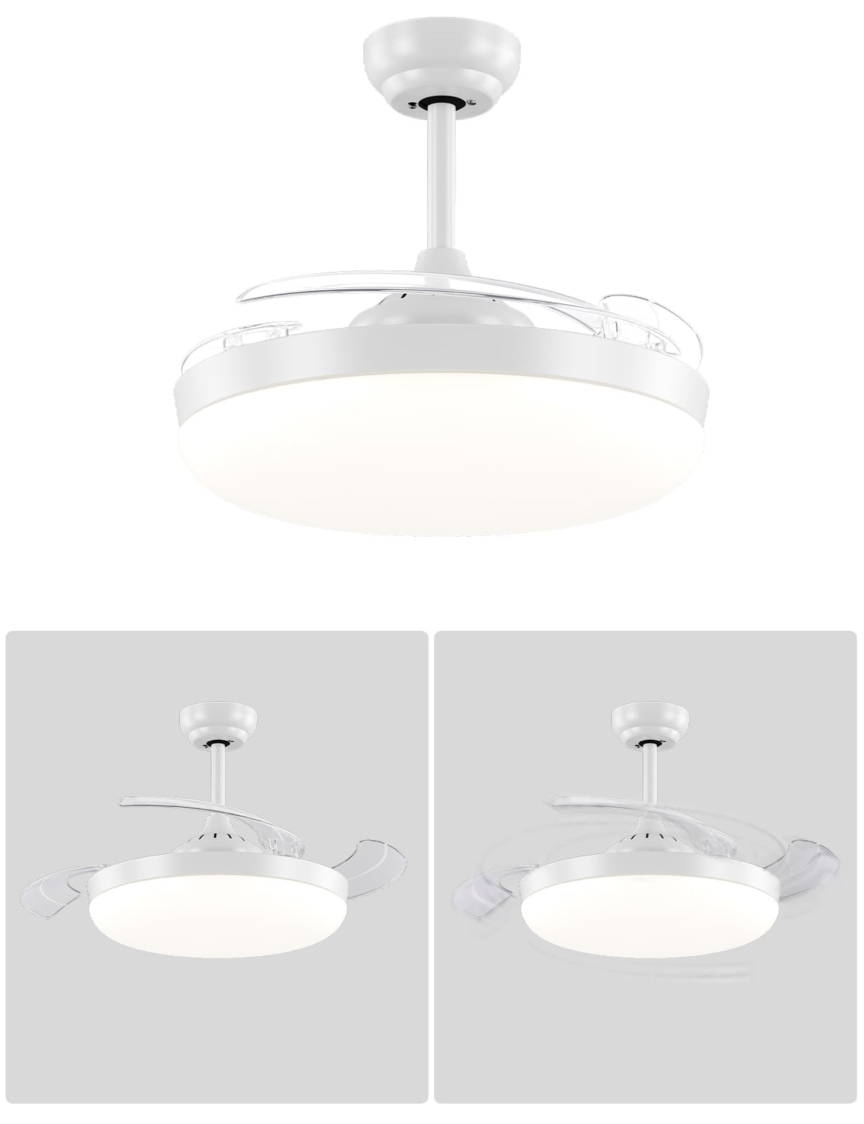 Ventilador techo 107 cm con aspas retráctiles y mando | Ventilador de techo con luz regulable, silencioso, de corriente continua, reversible, 6 velocidades, temporizador, blanco