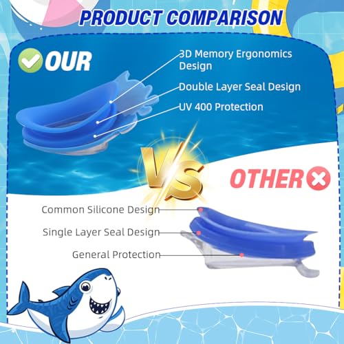 Image of PROBEROS Kids Swimming Goggles - Anti-Fog UV Protection, Adjustable Silicone Seal for Leak-Free Fit, Cartoon Shark Design with Free Ear Plugs & Case (6-12 Years)