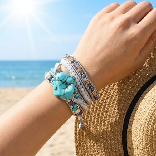 Image of YGLINE Natural Stone Bracelet 5 Wraps Bracelet Handmade Blue Color Boho Bracelet for Women Bracelet