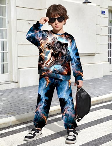 Image of Boys Clothes, T-Rex Print Dinosaur Boy Clothes Fall Winter Outfits Long-sleeved Hooded Sweatshirt Pants 2Pcs Set