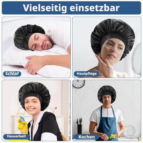 WINSTECK Seidensatin-Hauben für Herren, Satin-Haube zum Schlafen, Verstellbarer Saum und doppelte Lage, große Schlafhaube für lockiges Haar, Zöpfe bleiben die ganze Nacht an (Schwarz)