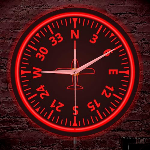 The Geeky Days Aircraft Gauges Cockpit Instruments Red LED Neon Sign Luminous Wall Clock Airplane Control Aviation Home Decor Timepiece Metal Frame Wall Clock with LED Illumination Aviator Pilot Gift