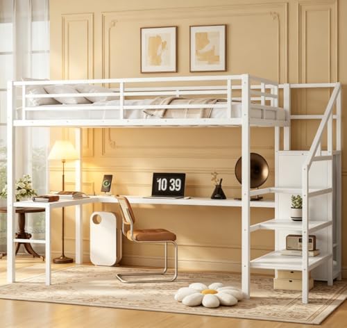 Image of Bellemave Full Size Loft Bed with Desk and Wardrobe Storage Stairs and Wardrobe, LED USB, Loft Bed Full Size for Teens Metal, White