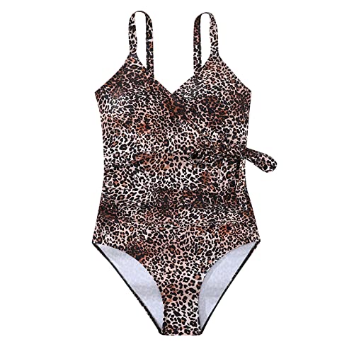 Hatoys Leopard Swimsuit for Women Crossing Front Monokini V Neck Strap Shoulder Bowtie Decored Thong Bottom Swimwear