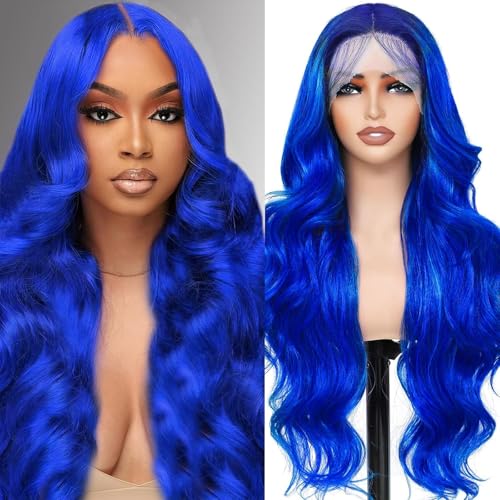 AAY 28 Inch Blue Wig Human Hair 13x4 Lace Front Wig Human Hair 200 Density HD Lace Frontal Wig Blue Body Wave Lace Front Wigs Pre Plucked with Baby Hair Glueless Wig