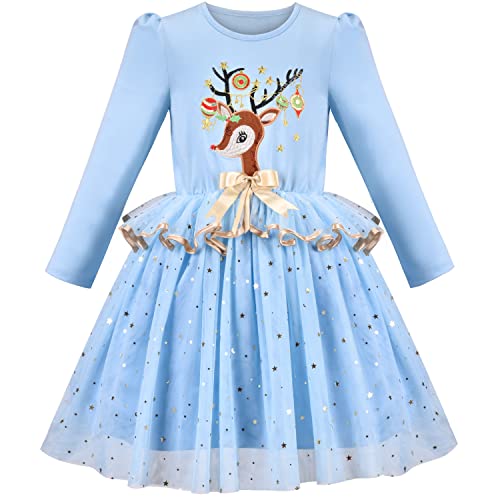 Sunny Fashion Girls Dress Blue Sparkle Sequin Reindeer Elk Xmas Long Sleeve Tulle Skirt Age 6 Years