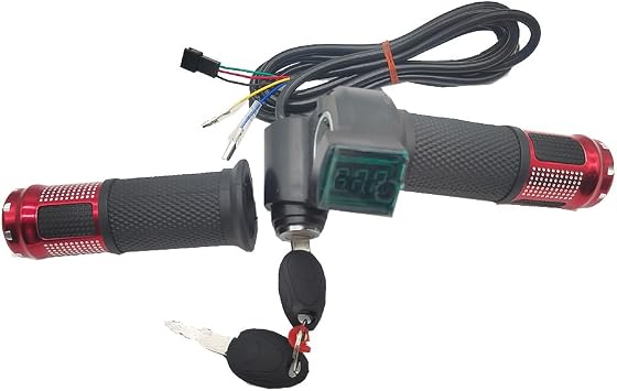 Electric Bike Throttle Grip, Universal Electric Bicycle Scooter Twist Throttle Accelerator Red Grips with LED Display and Lgnition Switch