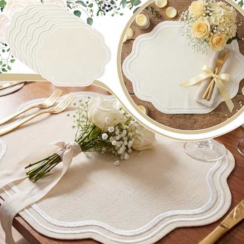 Breling 6 Pcs Orange Wedding Placemats Scalloped Embroidered Cotton Linen Placemats 17" x 13" Double Layered Machine Washable Table Place Mat for Party Table Decor (Cotton) by Breling - Image 7