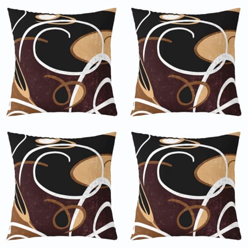 Modern Spiral Throw Pillow Covers 18x18 Inch Set of 4 Black Brown White Geometric Swirls Pillow Cases for Teens Adults Watercolor Circles Simple Style Cushion Covers for Living Room Office