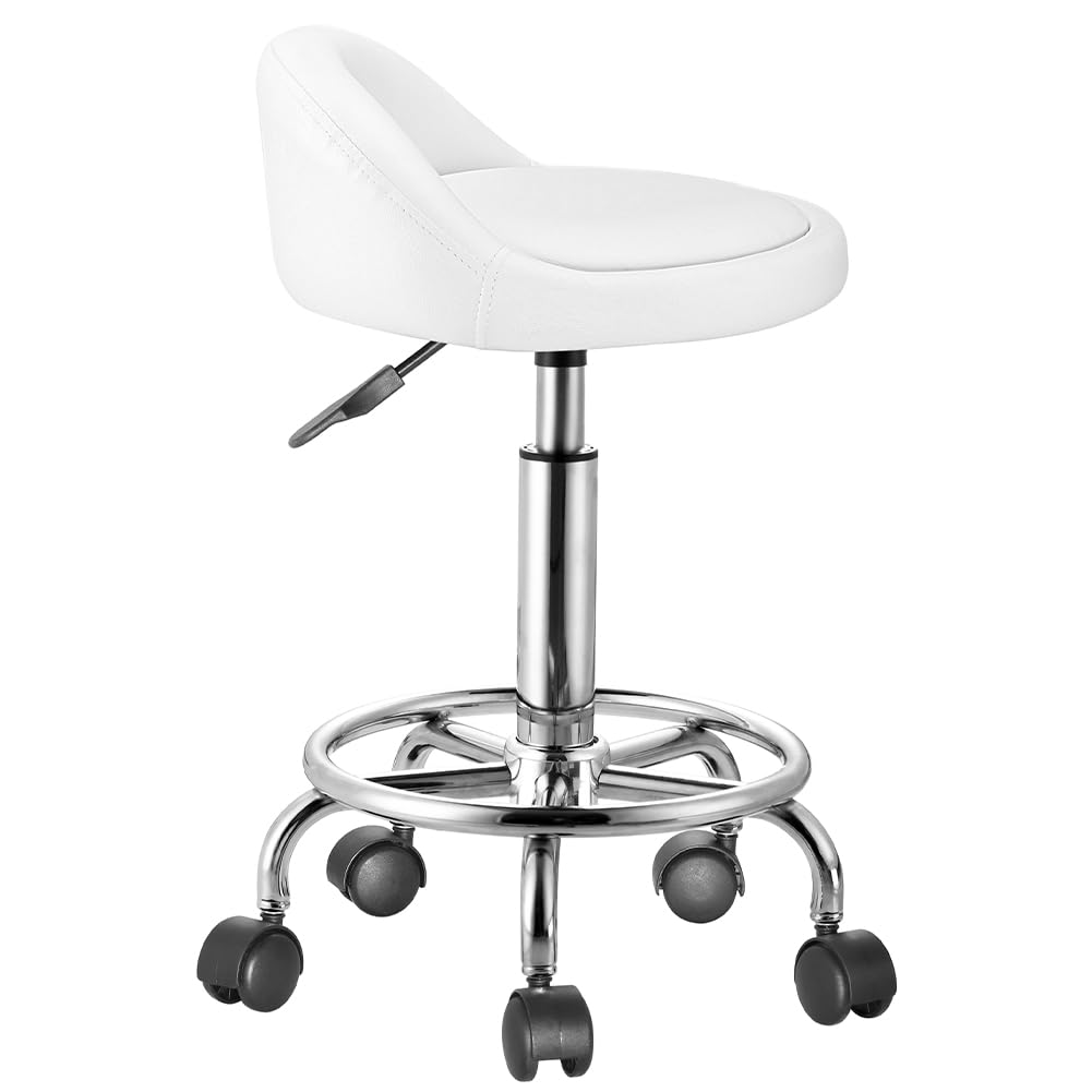 BAKAJI Taburete con Ruedas, Asiento Acolchado y Respaldo bajo de Piel sintética, Base con reposapiés de Acero Giratorio 360°, Altura Ajustable, Ideal para Esteticista, Cocina, restaurantes, (Blanco)