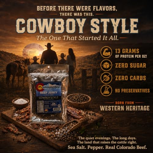 Image of Centennial Cuts Beef Jerky - Cowboy Style - High Protein, Zero Sugar & Zero Carbs, 3 Simple Ingredients - 7 oz Snack