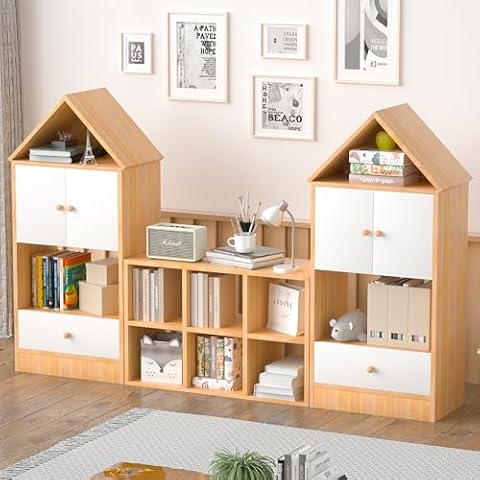 Leavader Kids Bookshelf and Toy Storage Organizer, Bookshelf and Bookcase with 6 Storage Cubes and Spacious Top Shelf, 2 House-Shaped Design Toy Storage Cabinet with Drawer for Home Nursery (Wood) Cover