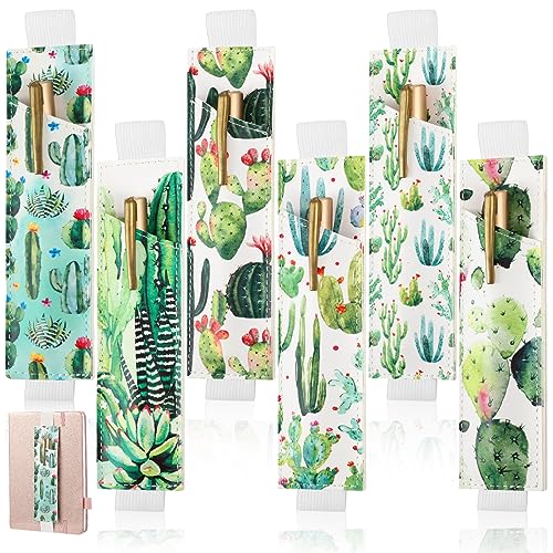 Qilery 6 Pcs Elastic Band Pen Holder for Notebook Boho Cactus Leaves Minimalist PU Leather Pen Sleeve Pouch Adjustable Pen Case for Hardcover Journals Planners Gift(Cactus)