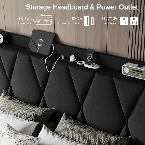 Einhomn Full Size Bed Frame with 4 Storage Drawers and Charging Station, Upholstered Platform Bed Frame with Storage Headboard, No Box Spring Needed, Easy Assembly, Black by Einhomn - Image 3