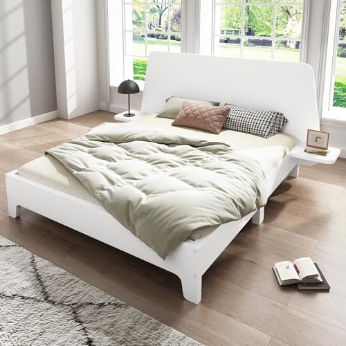 Merax Massivholzbett 160x200cm, Stilvolles Futonbett mit Stauraum-Kopfteil und Lattenrost, Doppelbett Bettgestell, Komfortabel & Stabil, Natur Bett für Jugendzimmer Gästebett, Ohne Matratze, Weiß