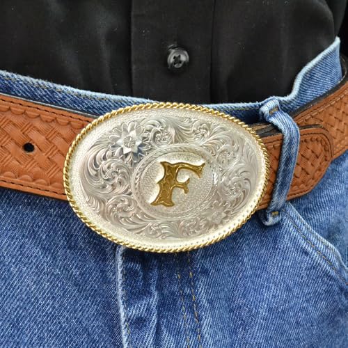 Image of Montana Silversmiths Initial Engraved Gold Trim Western Belt Buckle