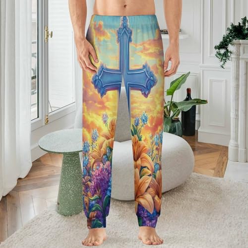 Crosss Flower Men's Pajamas Pants Lightweight Sleep Lounge Pant Pjs Bottoms Casual Sleepwear2