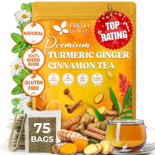 Image of FreshDrinkUS, Premium Turmeric Ginger Cinnamon Tea Bags | 75 Tea Bags | Herbal Spice Tea Blend, Naturally Caffeine Free, Warm & Aromatic Flavor, 100% Natural Ingredients, Convenient Tea Bags