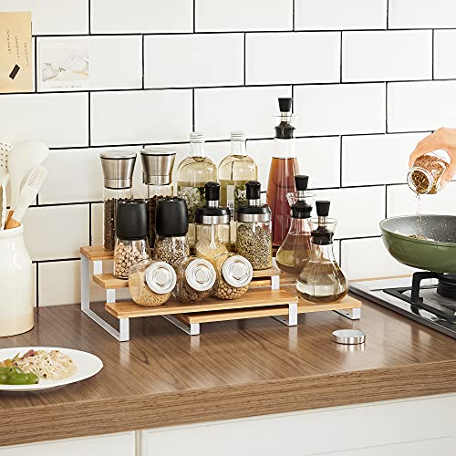 Image of SONGMICS Display Risers, Set of 2 Engineered Wood Perfume Organizer Stand, 3-Tier Cupcake Stand Holder, Spice Rack, Shelf Risers for Figures, Dessert Shelves, Natural Beige and Cloud White UKCS016N02