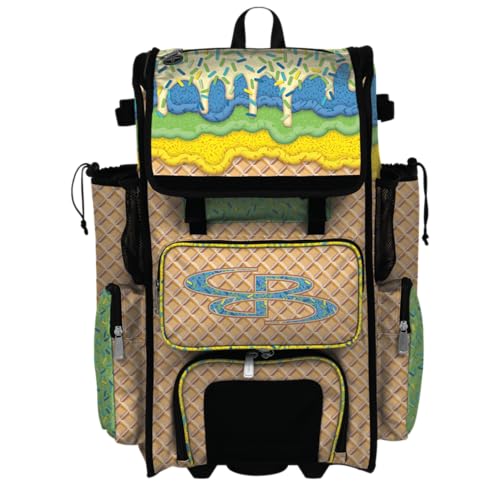 Boombah Rolling Superpack Baseball/Softball Gear Bag - Telescopic Handle - Holds 4 Bats - Wheeled Version - Ice Cream Yellow/Lime Green/Columbia Blue