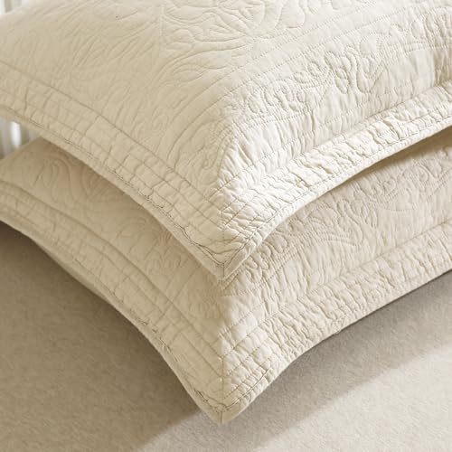 WINLIFE 100% Cotton Quilted Pillow Sham Floral Printed Pillow Cover (Standard, Beige) - Thumbnail 3
