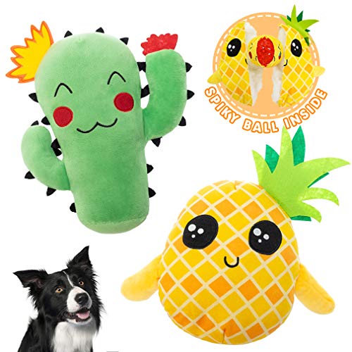 PUPTECK Dog Squeaky Toys for Chewers - 2 Pack 2-in-1 Interactive Stuffed Plush Dog Toy Pineapple and Cactus, Cute Durable Tug and Fetch Toys Pet Chew Toys for Small to Lagre Dogs