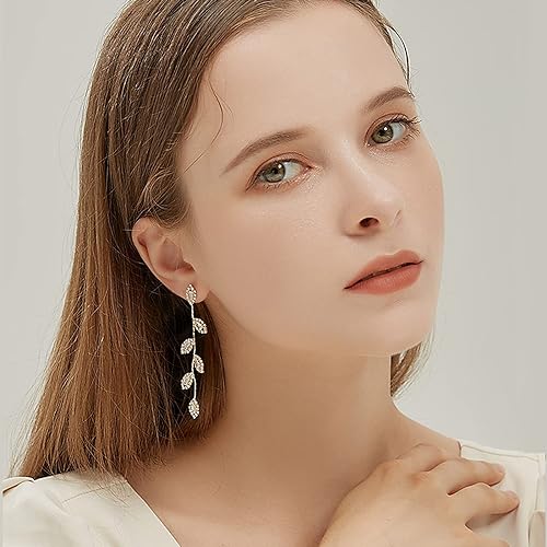 Dangling Earrings for Women Bridal Earrings for Wedding Rhinestone Wedding Prom Anniversary Delicate Leaf silver drop Earrings Long Earrings- Elegant Earrings4