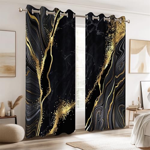 Rideaux occultants de luxe texture marbre noir et or à œillets - 3