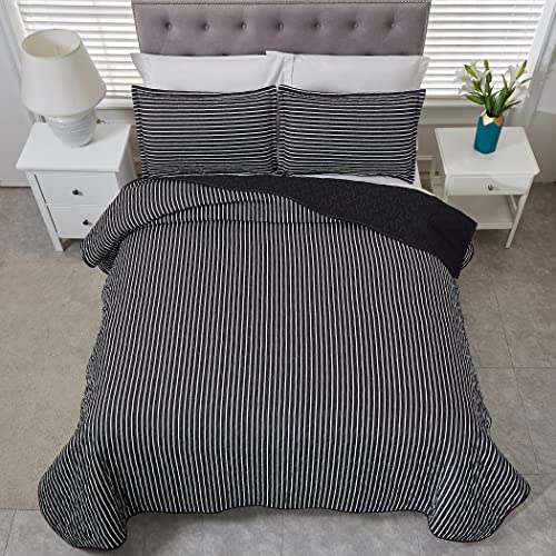 Lamejor Quilt Set Queen Size Black/White Reversible Striped Pattern 3-Piece Lightweight Bedspread Coverlet Comforter Set Microfiber #TOP2