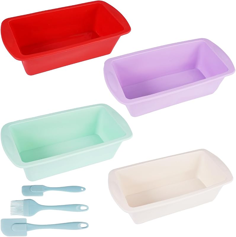 4 Piezas Rectangular Molde Silicona Horno, 19,2 x 9,5 x 5,5 cm Moldes de Silicona para Hornear Pan, Reutilizable Molde Bizcocho Antiadherente con Raspador de Masa para Hacer Pan, Pasteles, Tostadas